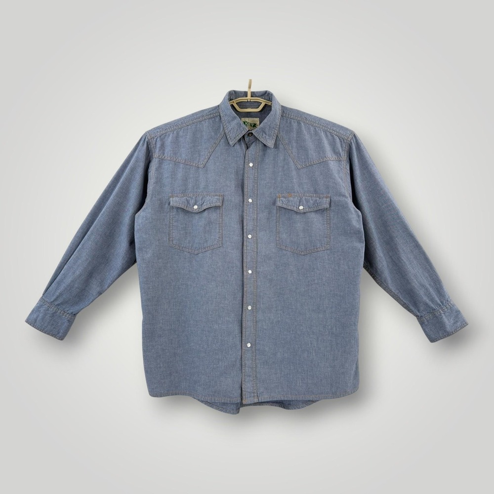 Key Western Shirt Mens XL Blue Chambray Pearl Snap Workwear Cotton